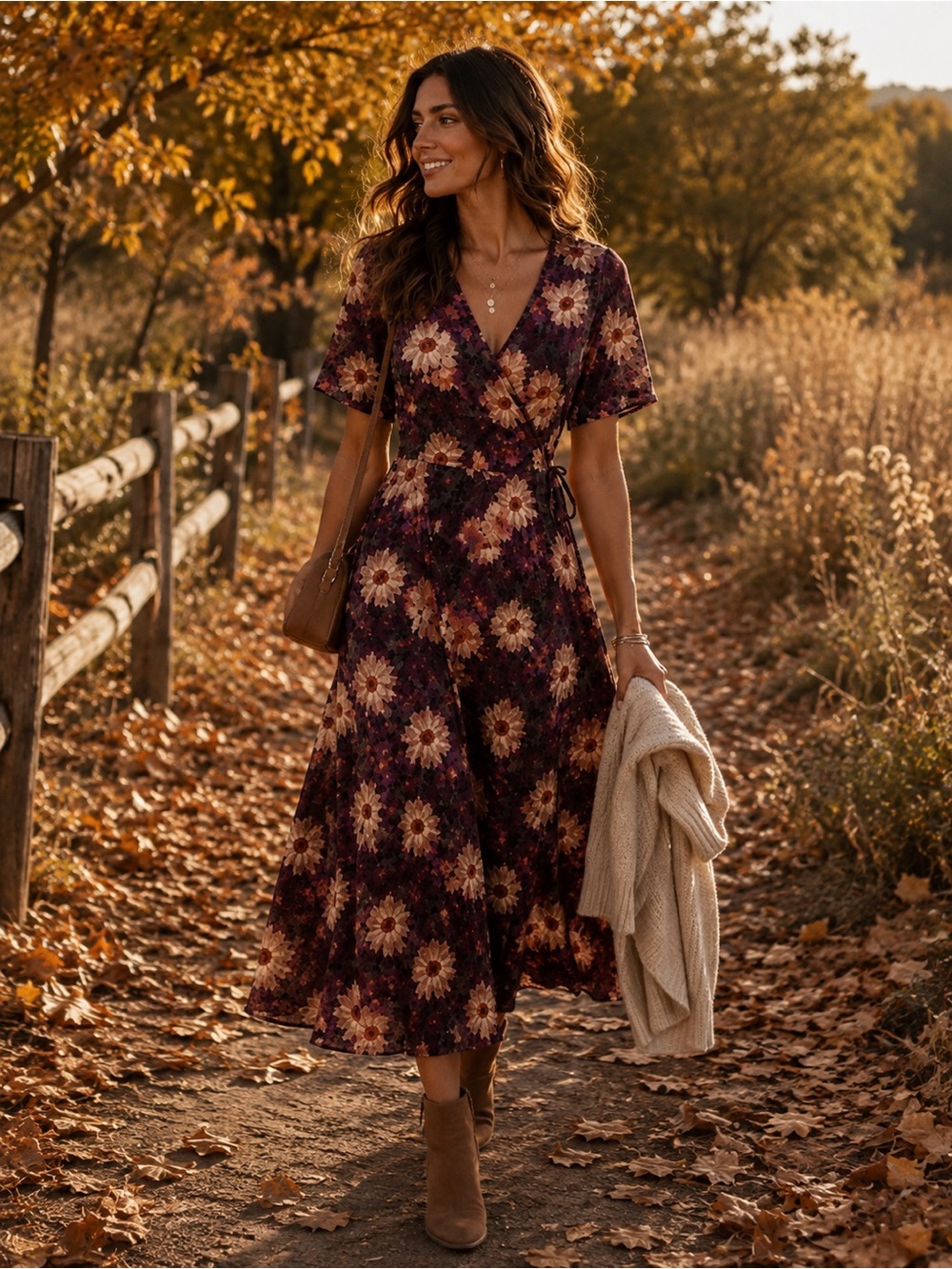 Reitmans Floral Wrap Midi Dress Purple Cream Boho Dress